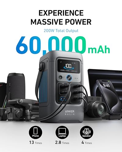 Anker SOLIX C200 DC Power Bank Station and 60W Solar Panel, 192Wh Portable Power Station, LiFePO4 Battery, 200W Solar Generator, for Outdoor, Camping
