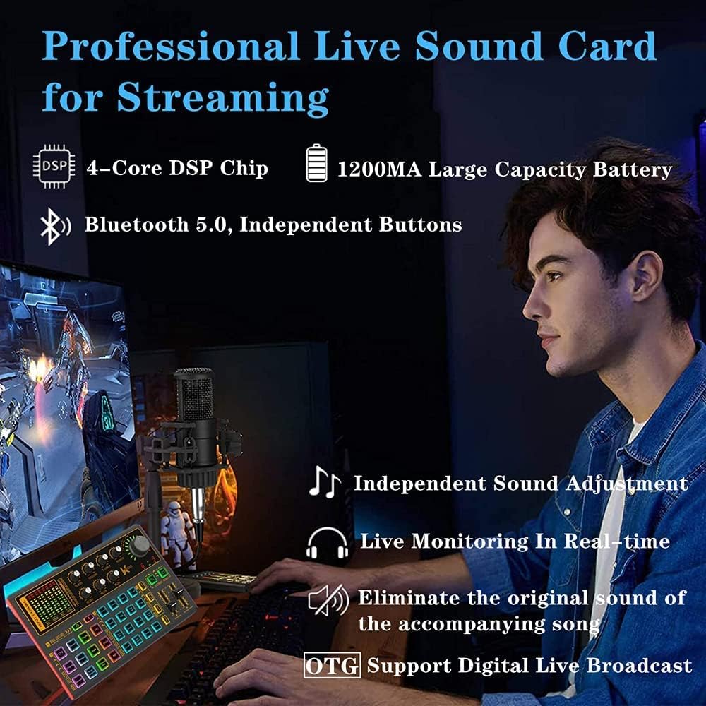 Sound Mixer Board, LED Light Voice Changer Sound Card with Multiple Sound Effects - Live Sound Card for Live Streaming