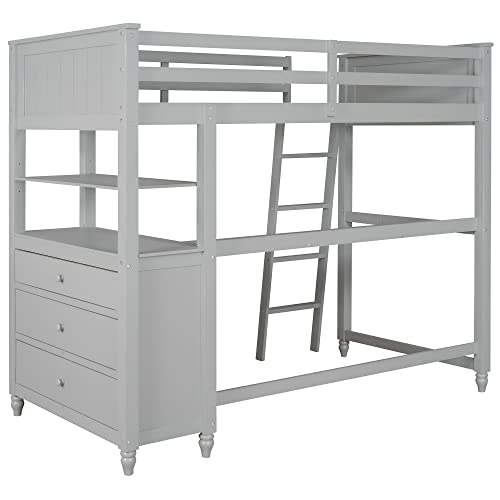 Harper & Bright Designs Full Loft Bed with Desk and Wardrobe,Solid Wood Loft Bed Frame Full with Storage Drawers for Kids Teens Adults