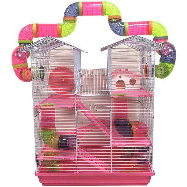 Mcage Pink Large 5-Levels Twin Tower Hamster Mouse Habitat Home House Critter Cage For Rodent Gerbil Mice Rat Wire Animal Cage With Long Crossover