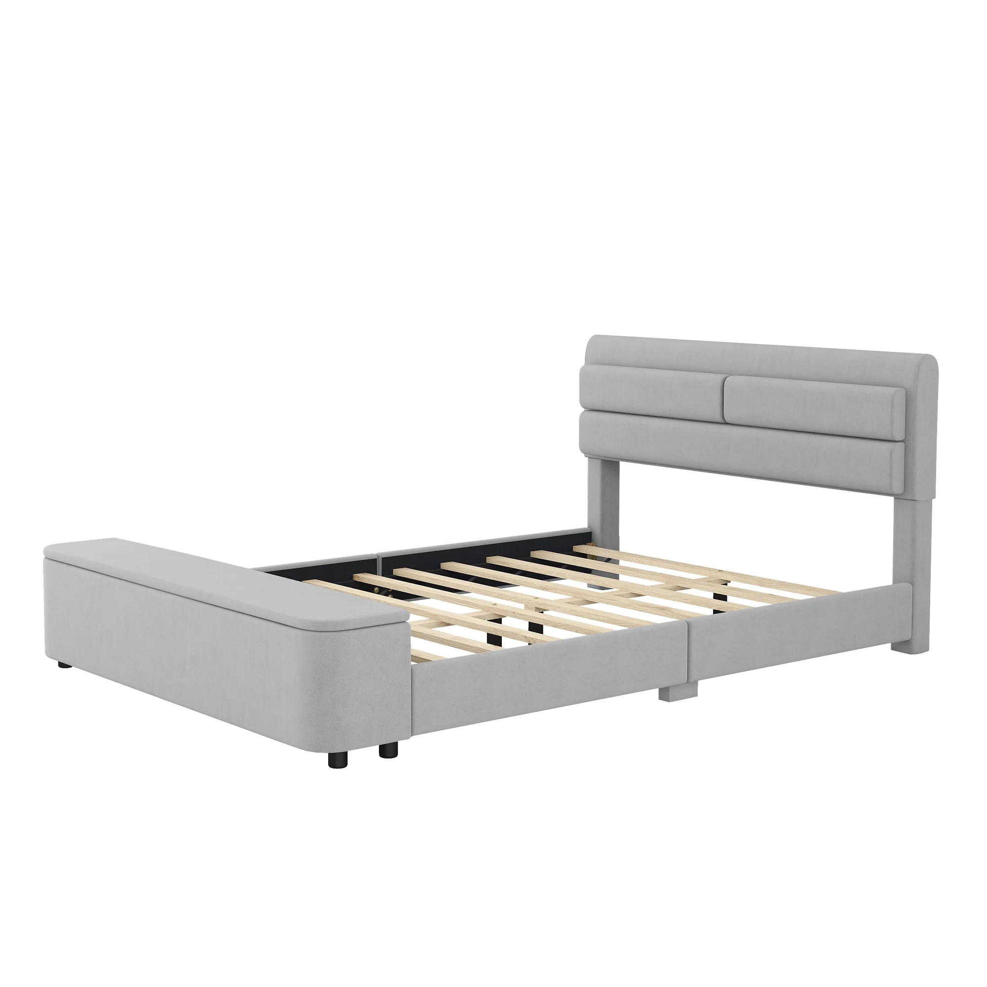 Dawn Whisper Queen Size Upholstery Platform Bed with Storage Headboard and Footboard, Support Legs, Grey