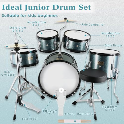 EASTROCK Kids Drum Set, 5-Piece 16 Inches Junior Drum Sets for Kids, Drummer, Beginner Youth Drumset for 7-12 Years Old with Throne,Cymbal,Pedal