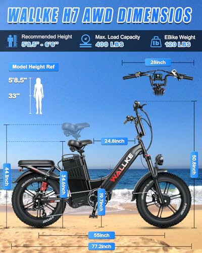 W Wallke AWD Dual Motor Electric Bike for Adults, UL2849 Certified, 48V 60Ah Battery Cell Brand Sam-Sung, Long Range 200 Miles 35MPH Fast Ebike