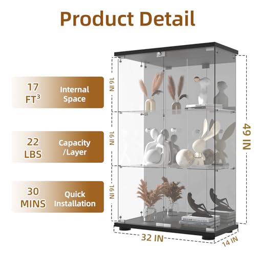 Glass Display Cabinet, 4-Shelf 3 Doors with Mirror & Lock, Tempered Glass Curio Display Cabinet Standing Glass Bookshelf Showcase for Bedroom