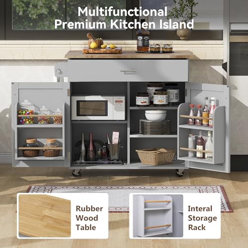 53.5''Farmhouse Kitchen Island with Power Outlet, Kitchen Storage Island with Drop Leaf, Spice Rack and Drawer, Rolling Kitchen Cart on Wheels