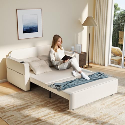 3 in 1 Pull Out Couch, 56 Inch Convertible Sleeper Sofa Bed, Loveseat Sofa with Cup Holders, USB, Sofa Couches for Living Room, Bedroom, Apartment