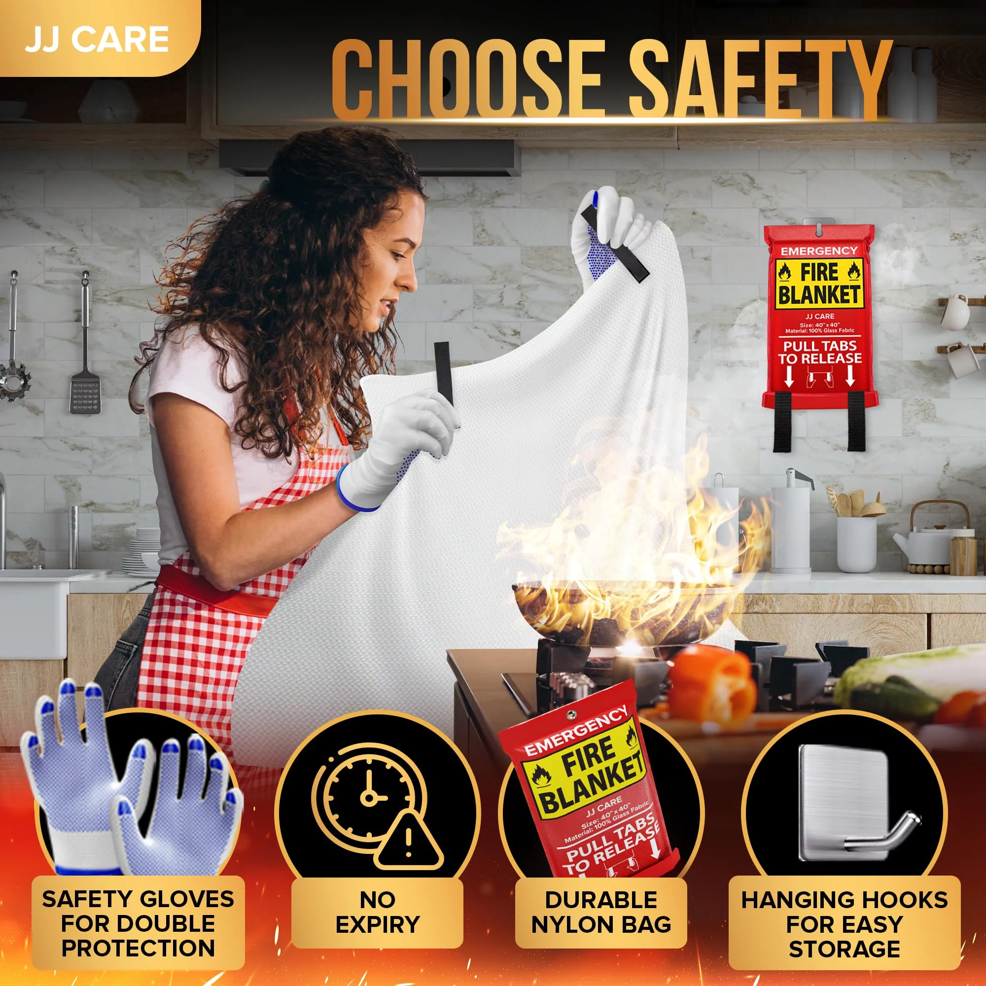 JJ CARE Fire Blanket – 4 Packs with Hooks – Emergency Fire Blanket for Home & Kitchen, High Heat Resistant Fire Suppression Blankets for Home Safety