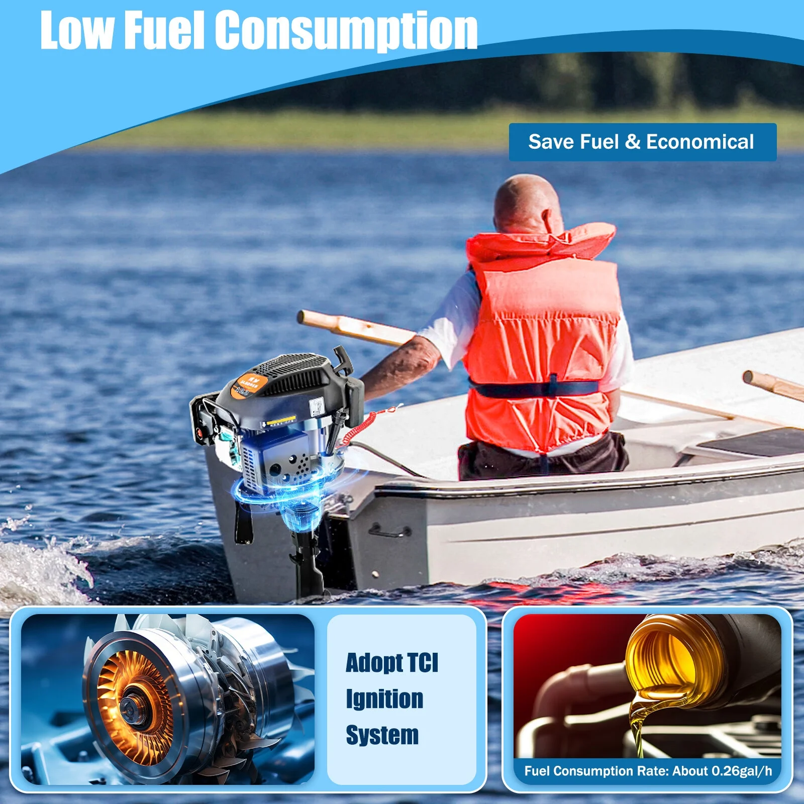 Loyalheartdy 6 HP 4 Stroke Outboard Motor 3.75KW Heavy Duty Boat Engine w/Single Cylinder Air Cooling System Tiller Control 15Km/h