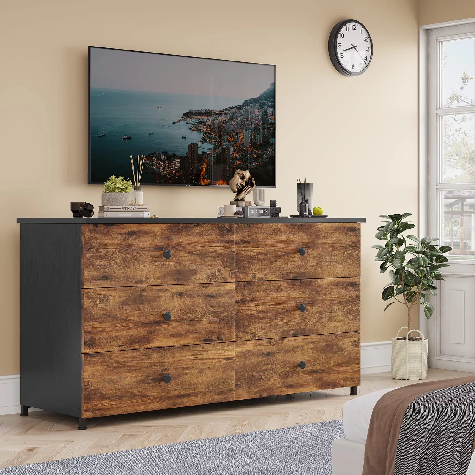 6 Drawer Double Dresser, Wooden Chest of Drawers with Heavy Sturdy Steel Frame, Large Capacity Storage Cabinet, Dresser for Bedroom, Living Room