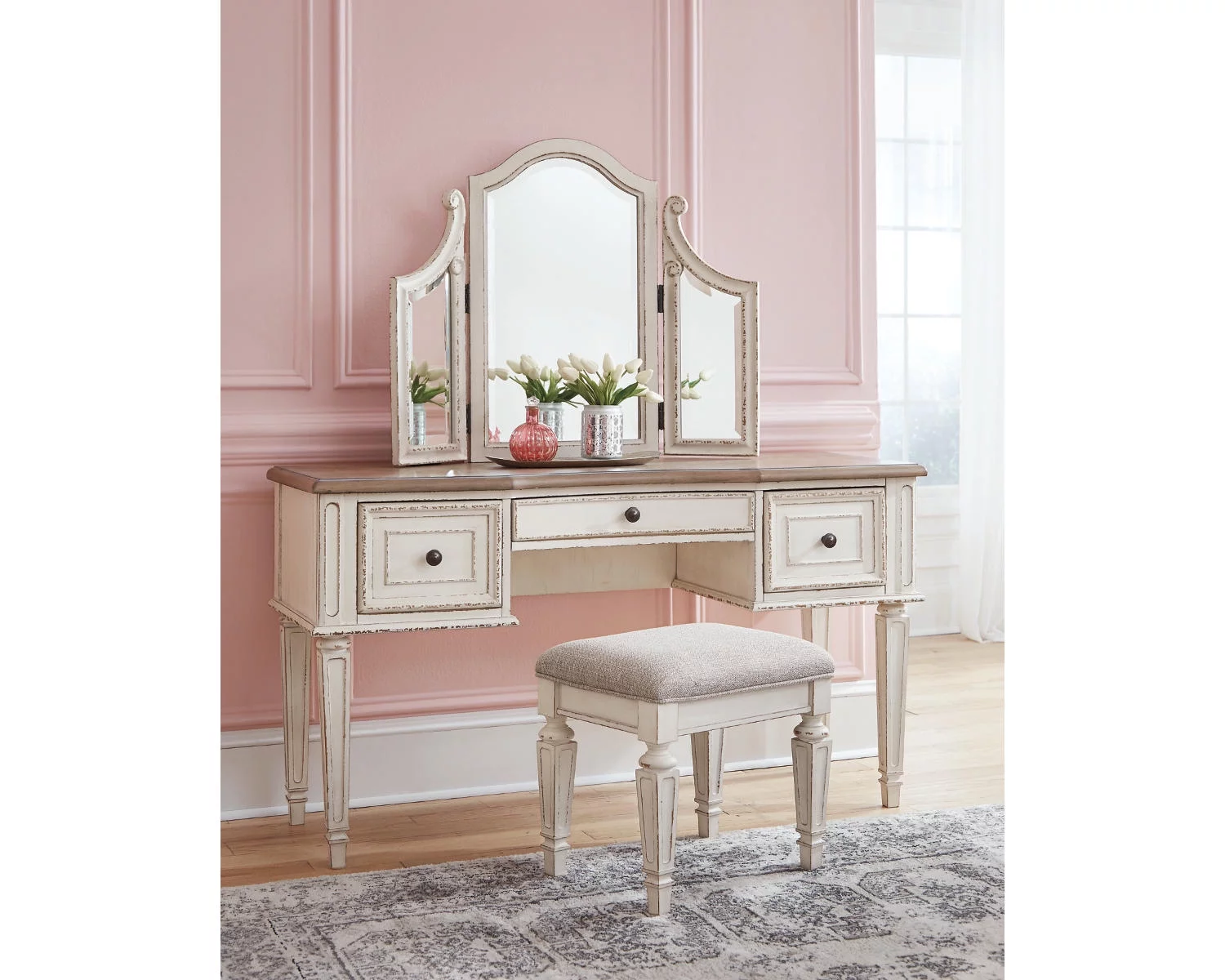Signature Design by Ashley Casual Realyn 3 Drawer Vanity and Mirror with Stool, Two-tone