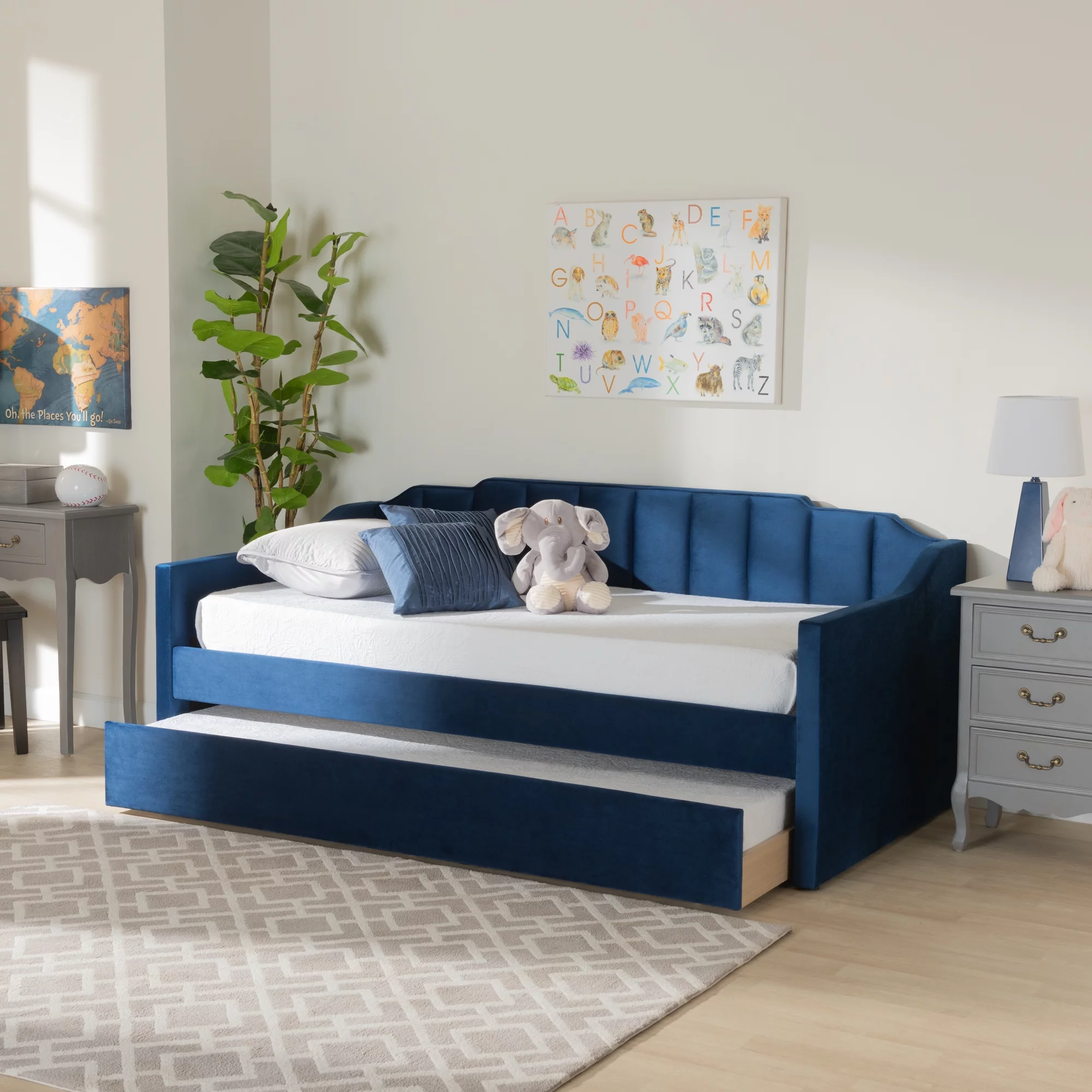 Baxton Studio Lennon Modern Engineered Wood with Trundle Daybed, Twin, Navy Blue