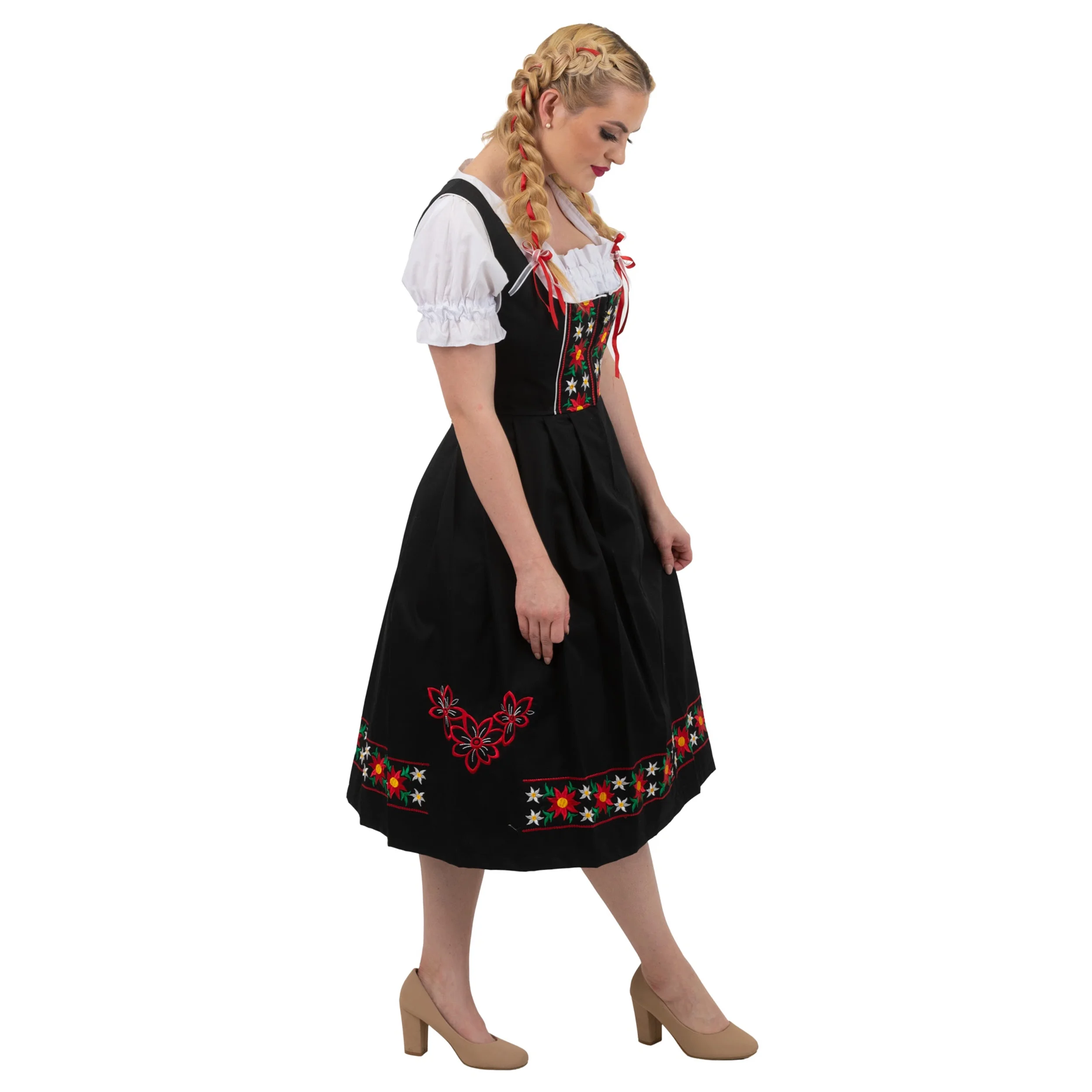 Dirndl Trachten Haus 3 Piece Long German Oktoberfest Dirndl Cotton Dress for Womens and Girls - Black