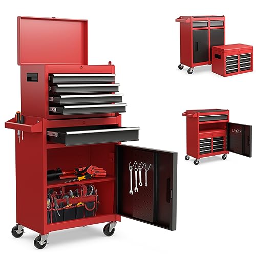 Goplus Rolling Tool Chest, 5-Drawer Tool Box Organizer w/Lockable Wheels & Sliding Drawers & Detachable Top & Adjustable Shelf