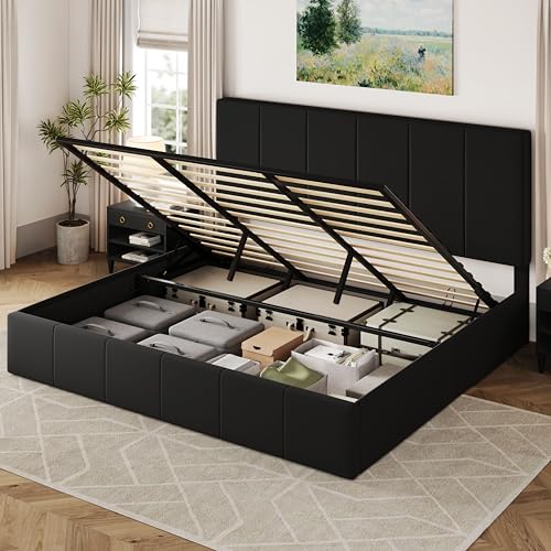 Allewie Queen Size Velvet Lift Up Storage Bed Frame, Vertical Channel Tufted Headboard, Hydrualic Underneath Storage, Upholstered Platform Bed