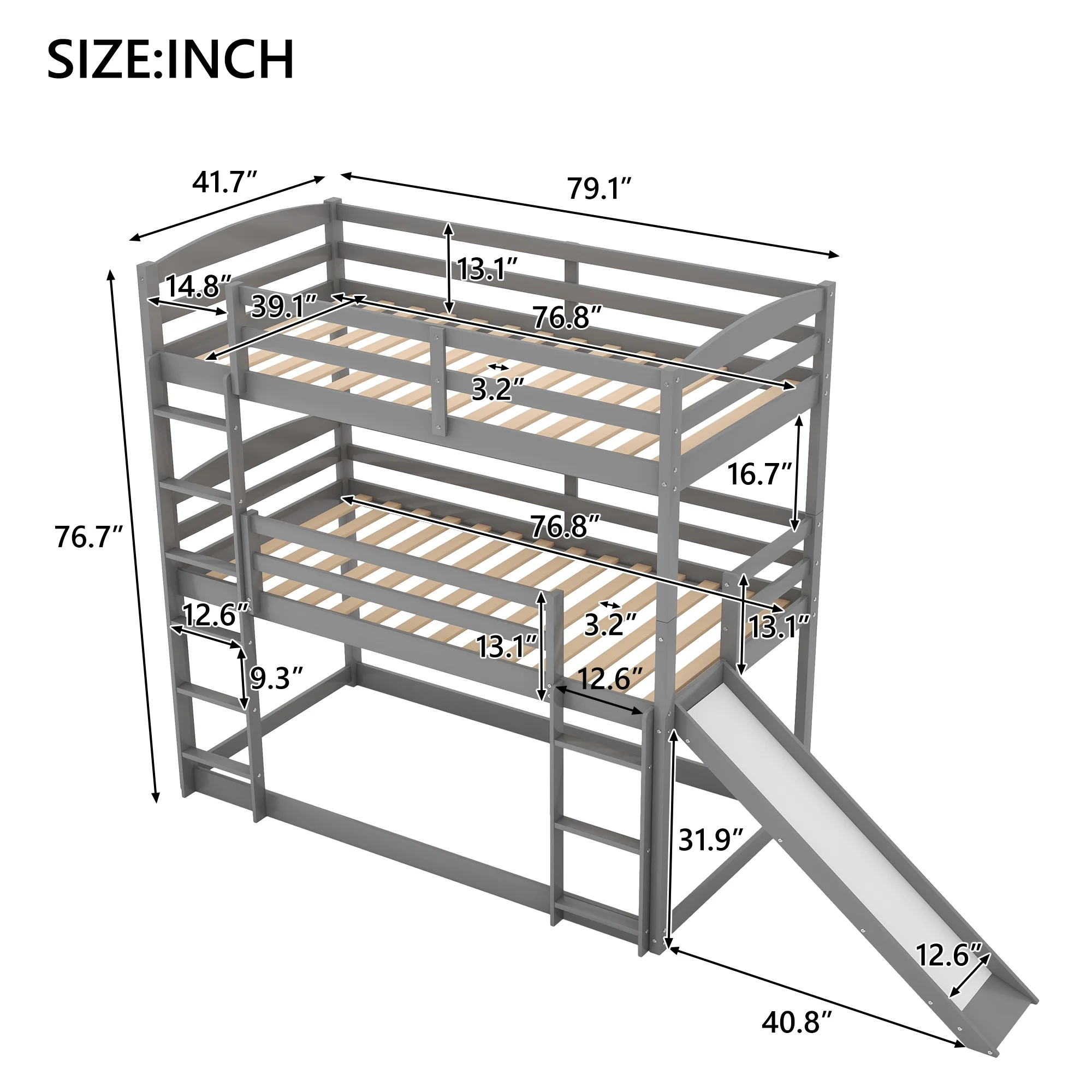 Merax Wood Twin-over-Twin-over-Twin Floor Triple Bunk Bed for Kids Room, Gray