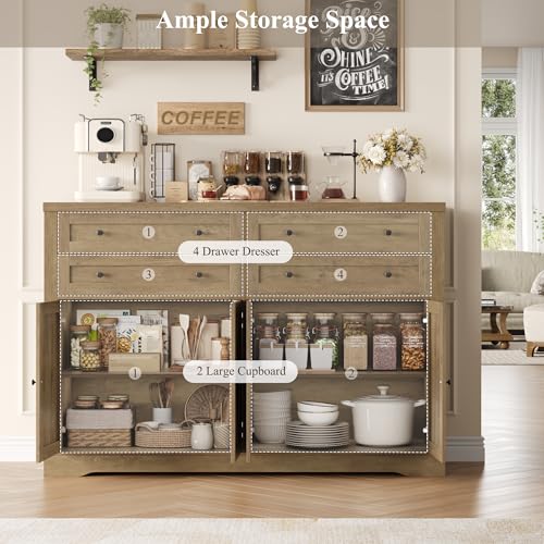 HOSTACK 55" Coffee Bar with 4 Large Drawers, 40" Tall Buffet Cabinet with Storage, Kitchen Storage Cabinet, Modern Farmhouse Sideboard Buffet