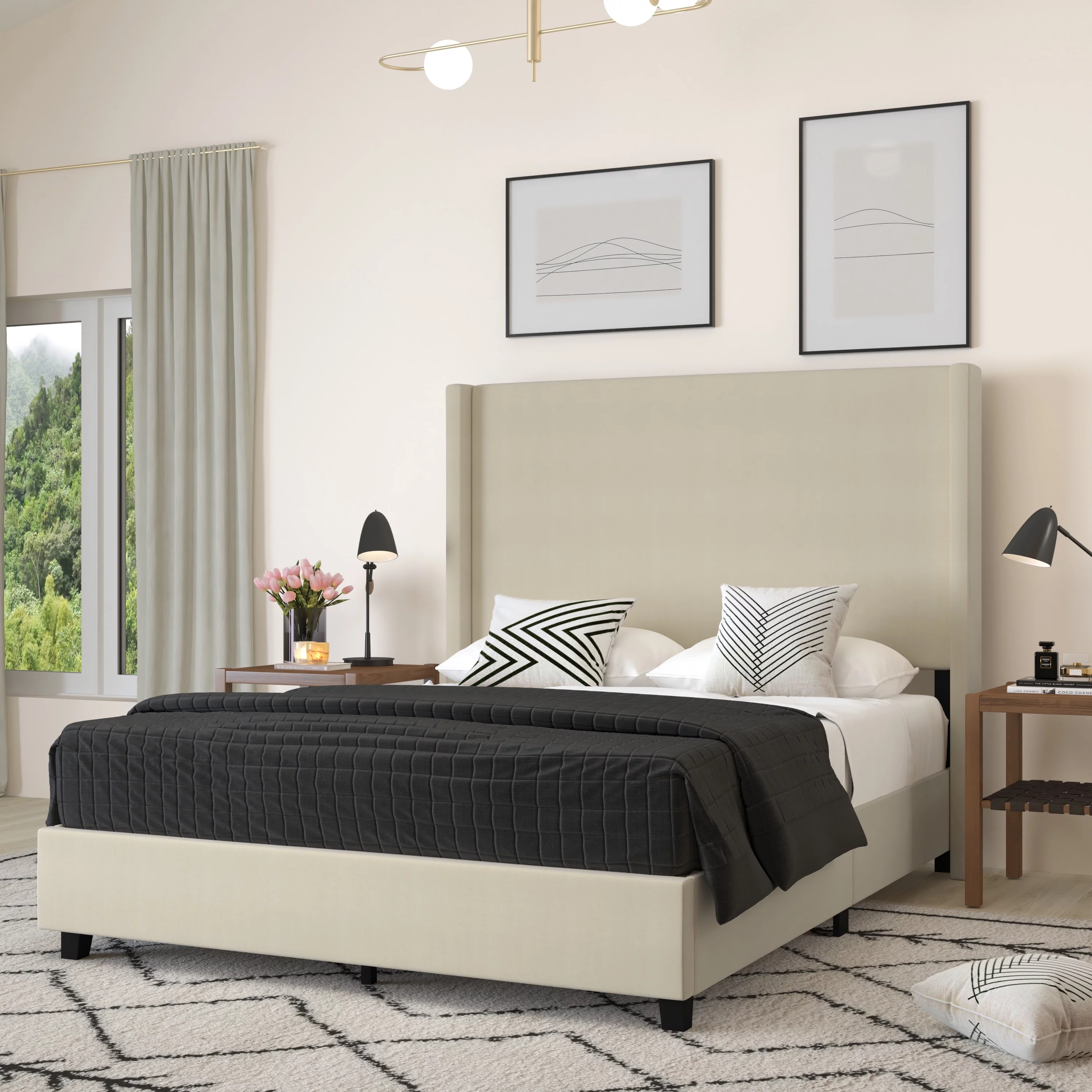 Merrick Lane Modern Queen Size Platform Bed Frame with Padded Faux Linen Upholstered Wingback Headboard and Wood Support Slats in Beige