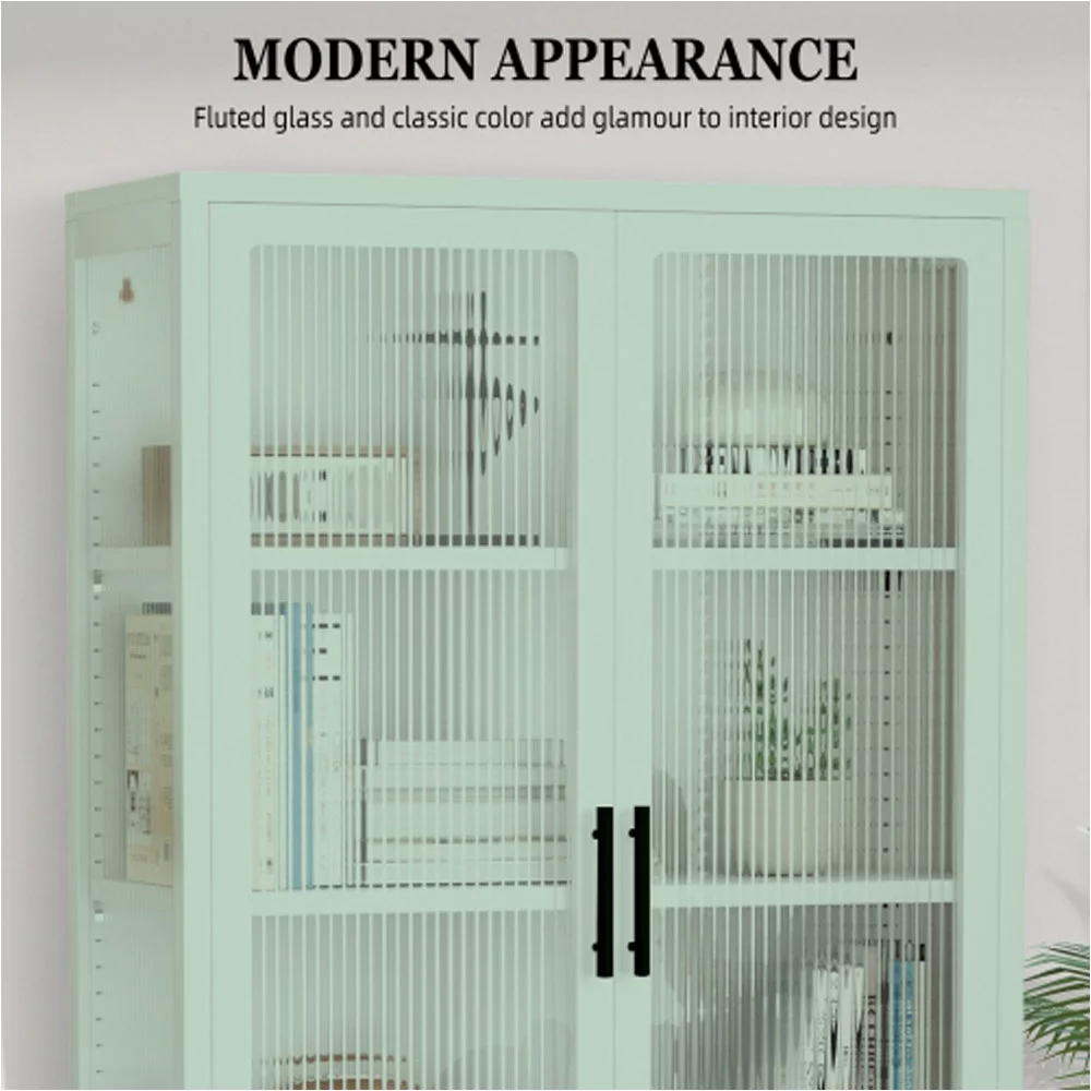 Double Glass Door Storage Cabinet with Adjustable Shelves and Feet Cold-Rolled Steel Sideboard Furniture, Mint green - Radiant Selections
