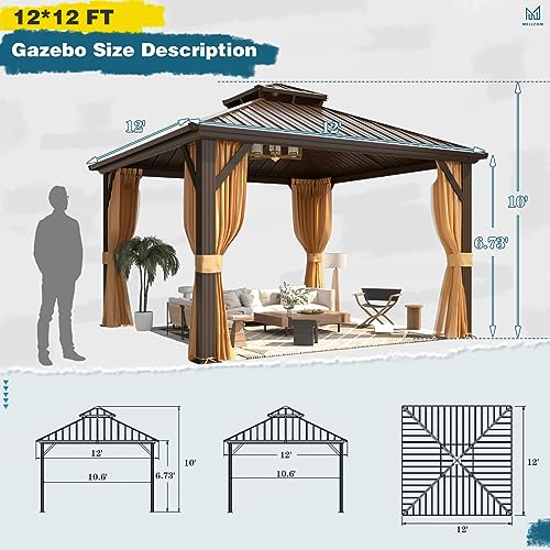 MELLCOM 10'x13' Hardtop Gazebo with Polycarbonate Double Roof, Aluminum Frame Outdoor Gazebo Permanent Pavilion with Curtains and Netting for Patio