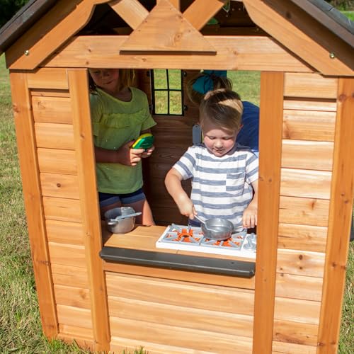 Backyard Discovery Sweetwater Cedar Wooden Kids Playhouse Cottage with Play Kitchen, Snack Bar, Half Door, Toy Phone, Windows, Flowerpot Holders
