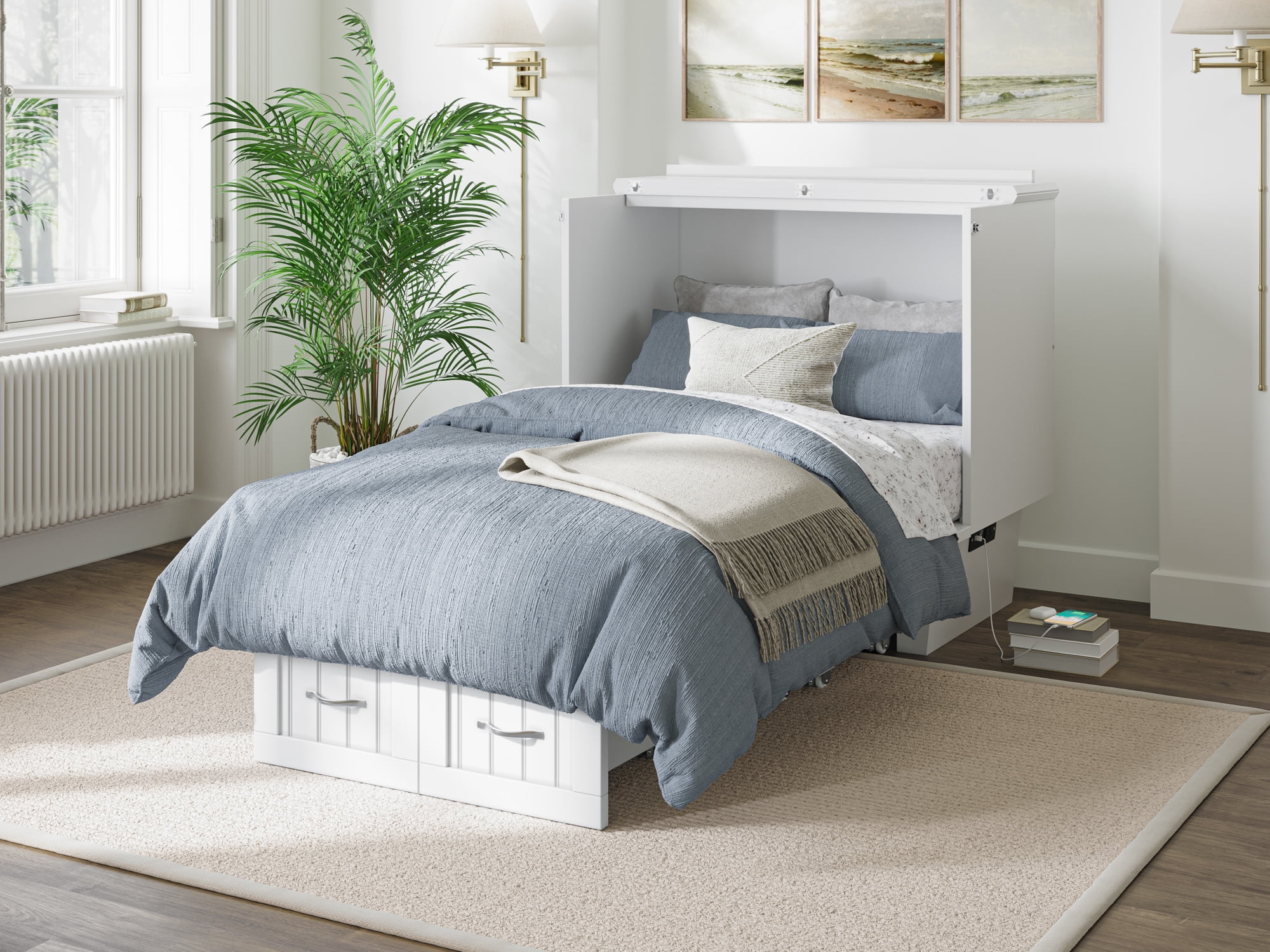AFI Nantucket Twin Solid Wood Murphy Bed Chest with Mattress, Drawer & Charger in White