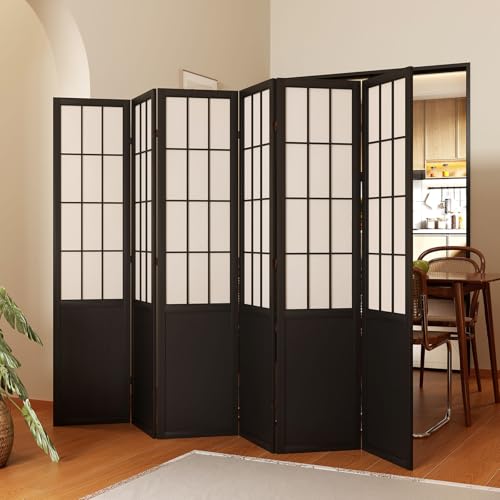 Room Divider, 66.9Inch Tall Japanese Shoji Style Folding Wood Screen with Double Hinges for Home Office Bedroom Hotel Decoration (4Panels, Black)