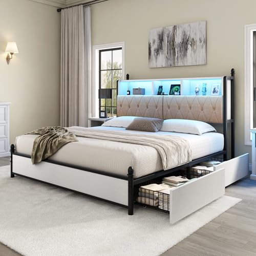 AMERLIFE Full Size Bed Frame with Bookcase Headboard, 4 Storage Drawers, Wooden Platform Bed with Charging Station & LED Light, No Box Spring Needed