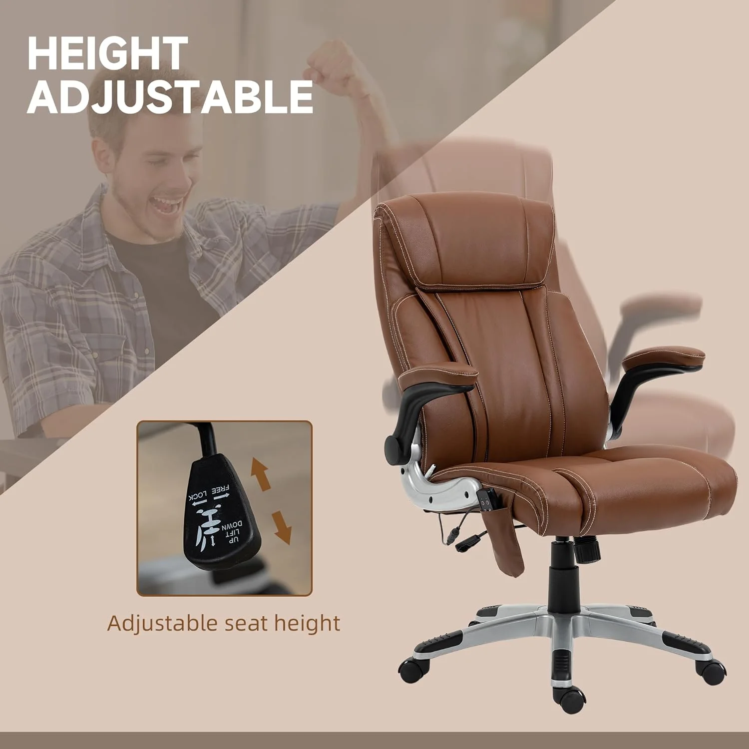 Executive Massage Office Chair With 6 Vibration Points, Heated Faux Leather Computer Desk Chair With -Up Armrest, Adjustable Height, Swivel Wheel