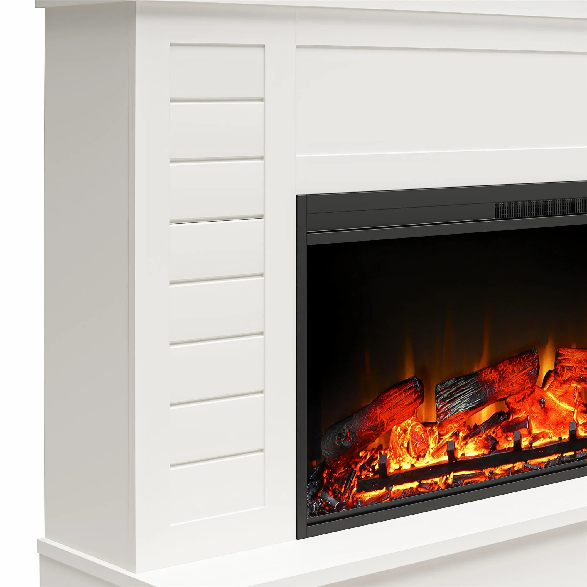 Ameriwood Home Heritage Place Wide Shiplap Mantel with Linear Electric Fireplace and Storage Drawers, White