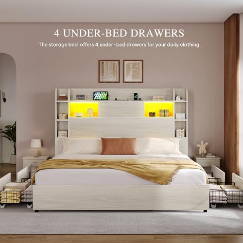 YITAHOME Queen Bed Frame with Bookcase Headboard and 4 Storage Drawers, RGB LED Bed Frame with Type-C & USB Charging Station Storage Headboard Bed