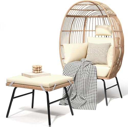 YITAHOME Accent Living Room Egg Chair w/ 2-in-1 Ottoman, Wicker Oversized Basket Chair with 5 Thick Cushions, Footrest