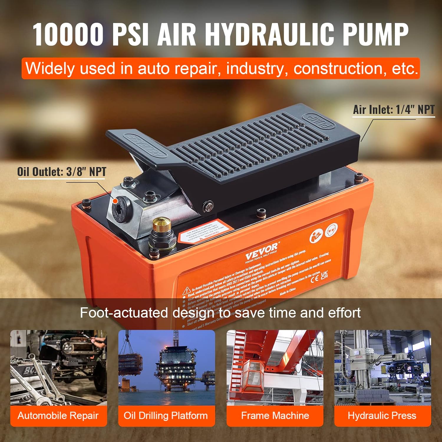 VEVOR Air Hydraulic Pump, 10,000 PSI 1/2 Gal Reservoir, NPT 3/8" Oil Outlet, NPT 1/4" Inlet, 6.6 ft Pipe