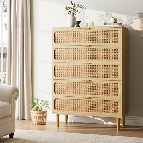Rattan 5 Drawer Dressers for Bedroom, Tall Dresser with Deep Drawers, Large Chest of Drawers for Closet with Wide Top