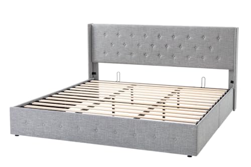 Allewie Full Size Lift Up Storage Bed, Modern Wingback Headboard, Hydraulic Support, No Box Spring Needed, Light Beige