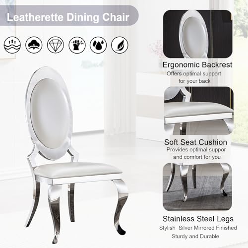 Dining Table Set for 4, Modern Dining Room Table Set for 4, 70" Marble Dining Table with Oval Backrest Leather Chairs
