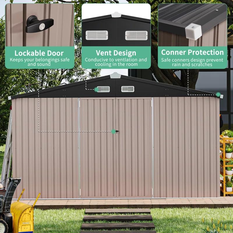 GVDV 10X12 FT Outdoor Storage Shed, Durable Metal Outside Storage for Garden, Patio and Backyard, Waterproof Shelter for Tools, Equipment