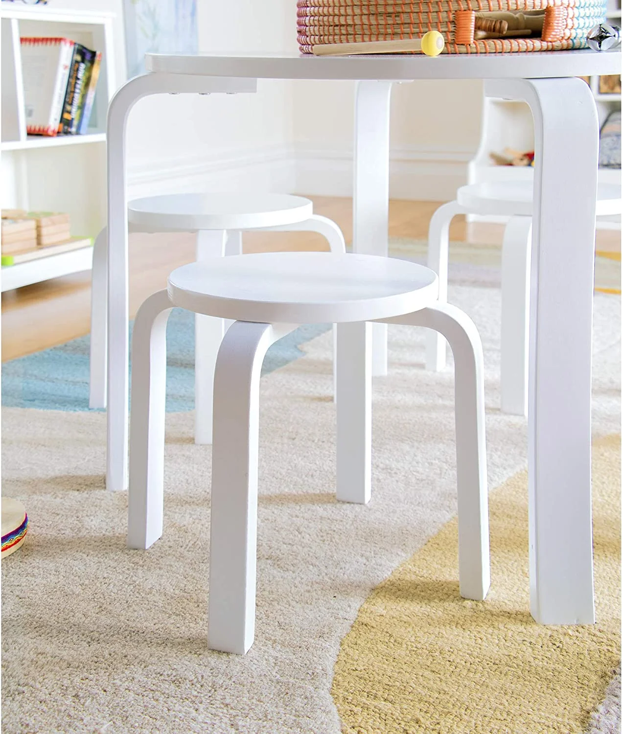 Nordic Table and Chairs Set for Kids: White - Stacking Bentwood Stools with Curved Wood Toddler Activity Table - Children's Modern Bedroom, Playroom