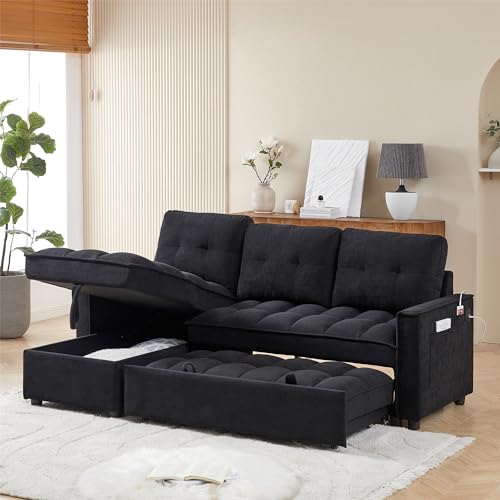 Convertible Chair Bed, 3 in 1 Convertible Sofa Bed Sleeper Sofa with Storage Chaise & Side Pocket, Built-in Charging Station