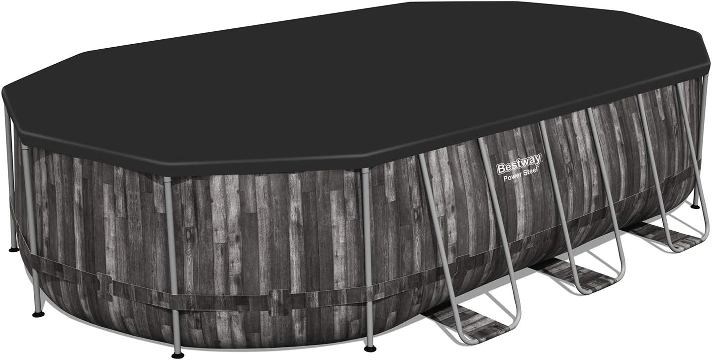 Bestway Power Steel 20 x 12 x 4 Foot Above Ground Oval Swimming Pool Set with Ladder, Cover, Pump, Replacement Cartridge, & Accessory Repair Kit