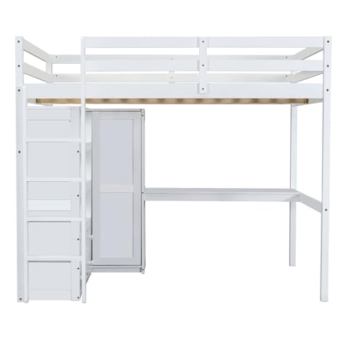Harper & Bright Designs Full Size Loft Bed with Desk, Storage Shelves and Drawers, Solid Wood Loft Bed Frame with Built-in Wardrobe, Walnut