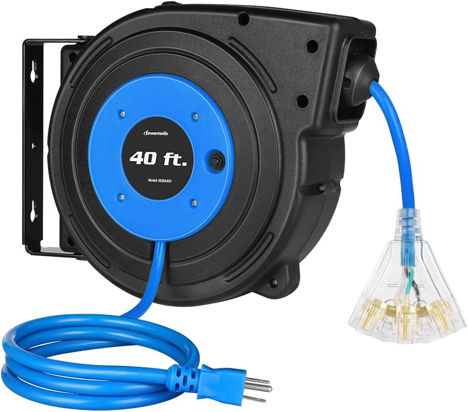 DEWENWILS 40FT Retractable Extension Cord Reel, Heavy Duty Power Cord Reel with 3-Lighted Triple Outlets, 12AWG/3C SJTOW Cord, 15A Circuit Breaker