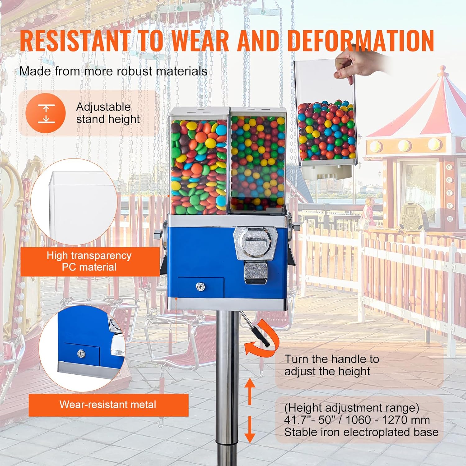 VEVOR Commercial Vending Machine, Four Compartment Rotatable Gumball and Candy Dispenser, Adjustable Height Coin Operated Candy Bank with Iron Stand
