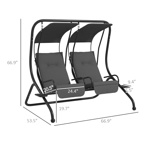 Outsunny Patio Swing Chair with 2 Separate Seats, Outdoor Swing with Removable Canopy and Cup Holders for Porch, Garden, Poolside, Backyard, Gray