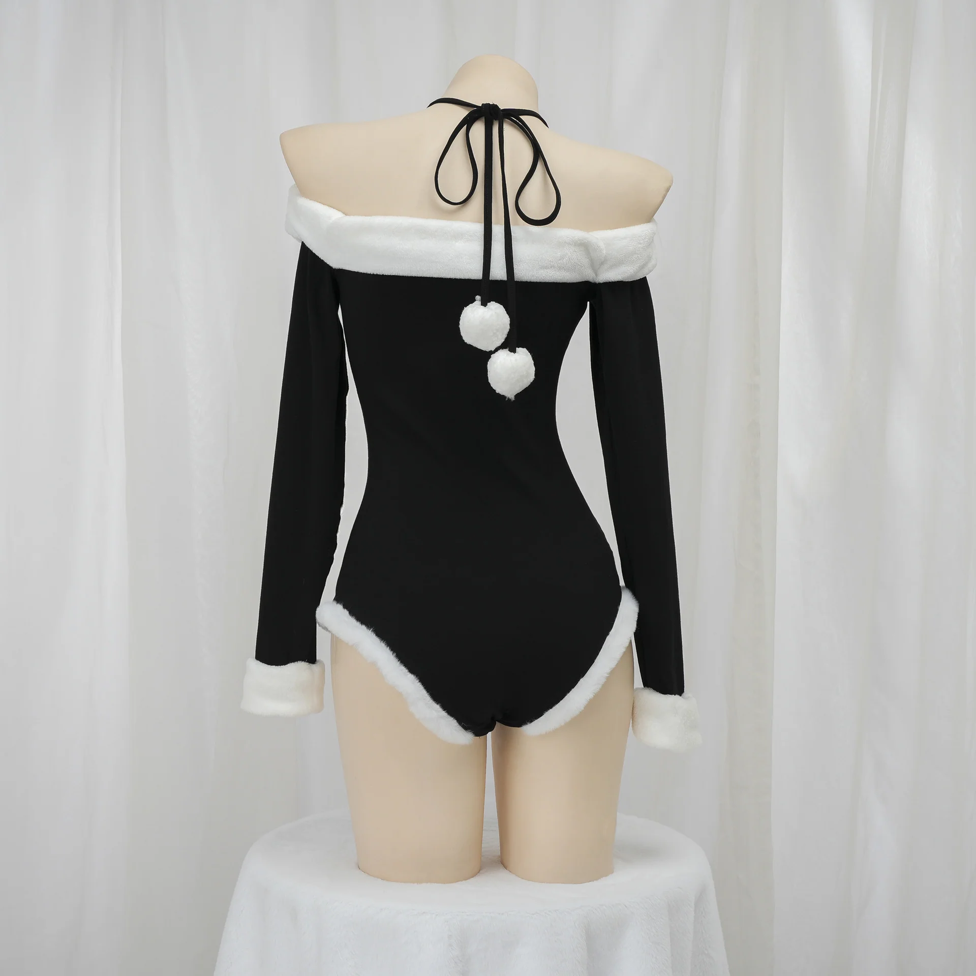 'Monochrome Temptation' Off-Shoulder Fuzzy-Trim Sexy Bodysuit