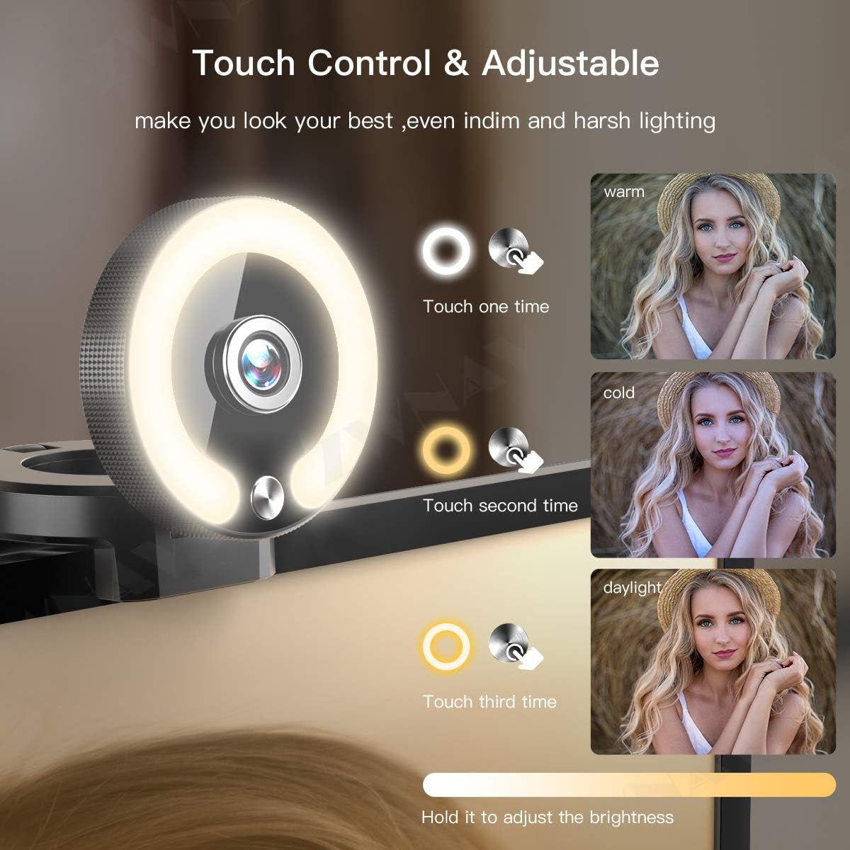 ZWNAV Webcam with Ring Light, Computer Camera with Microphone, Wide Angle, USB Connection, Face Camera for Video Conferencing