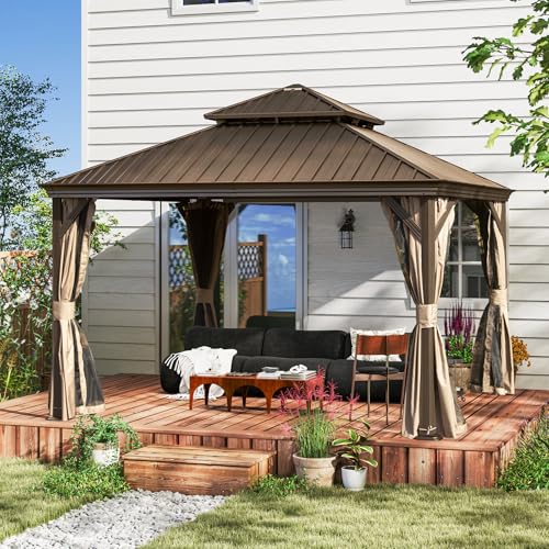 Domi 10’ x 10’ Hardtop Gazebo Metal Frame Canopy with Netting & Curtains