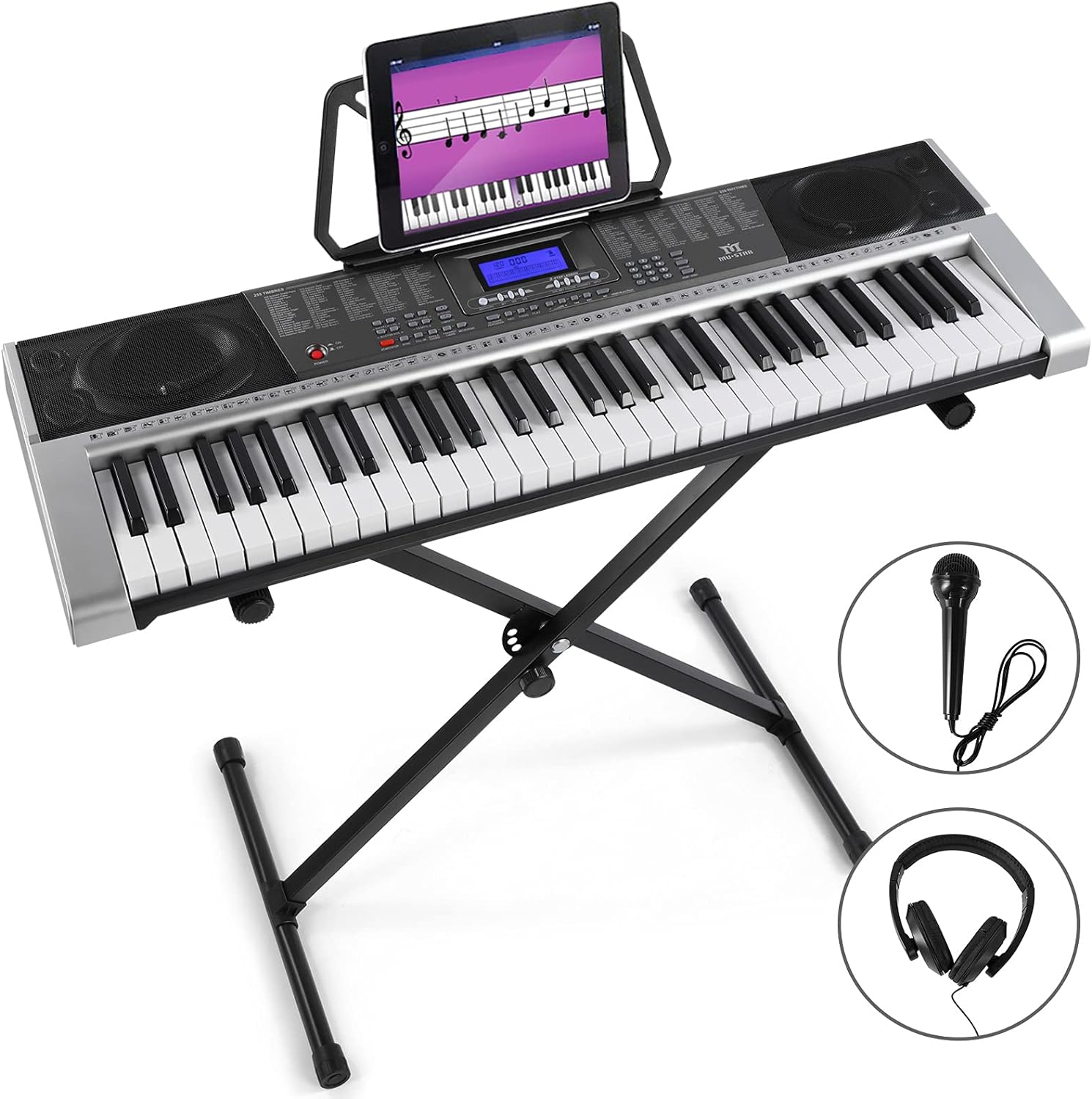 MUSTAR 61 Key Piano Keyboard, Portable Touch Sensitive Keyboard Piano for Beginners, Electric Keyboards Piano with Stand, LCD Display, Bench