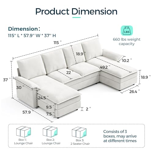 LINSY HOME Modular Sectional Sofa, U Shaped Couch with Chaise, Comfy Chenille Sleeper Sofa Couches for Living Room Apartment Office, Beige