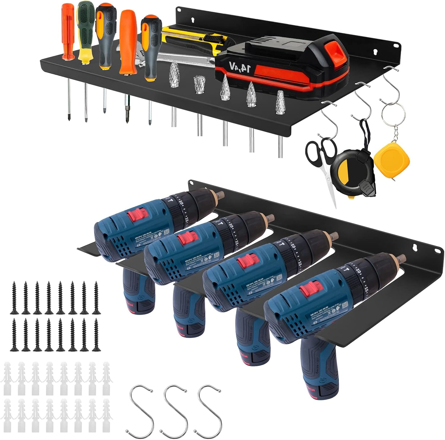 Electric Drill Storage Rack Holds 4 Drills, YOCOMEY Heavy Duty Metal Power Tool Storage Shelf, Wall Mounted Hanging Organizer for Garage, Home