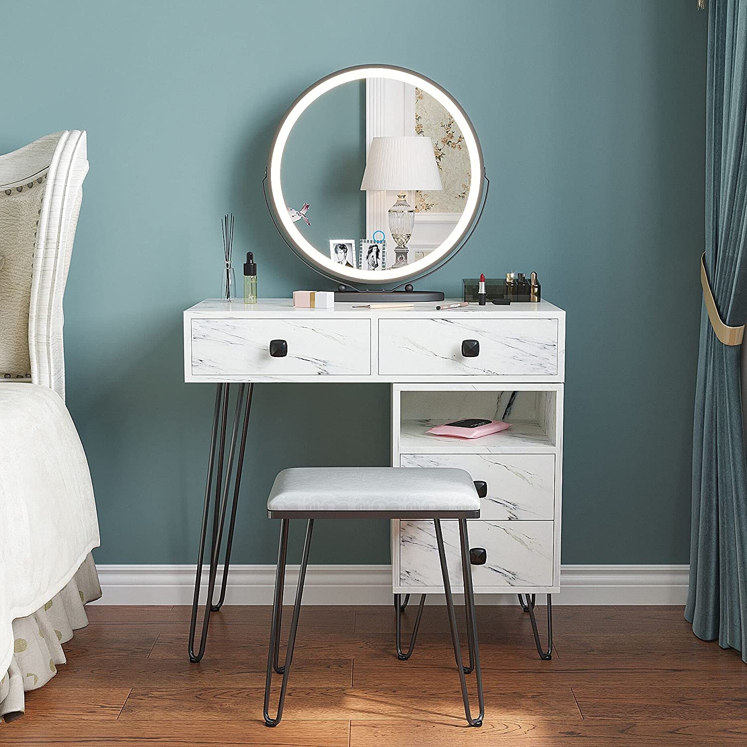 Vanity Makeup Table Set with Lighted Mirror,Makeup Vanity Dressing Table wStorage Cabinet,Cushion